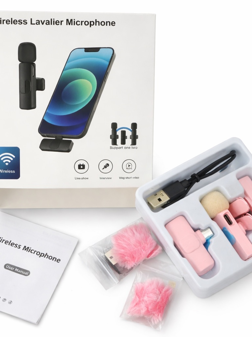 Pink fuzzy lavalier Wireless Microphone Set - type-C Vlogging Podcast